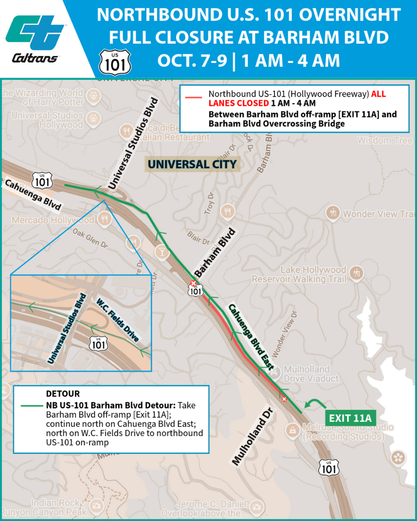 Map for Overnight Closures for U.S. Highway 101 Cahuenga Pass Pavement Rehabilitation Project in Los Angeles for Paving Work: Oct. 5 – Oct. 9